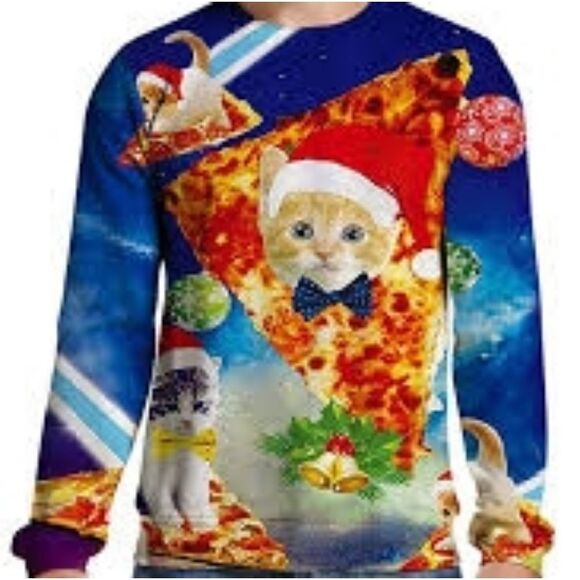 Ugly Christmas Cats Pizza in Space Sweatshirt XXL - Picture 1 of 4